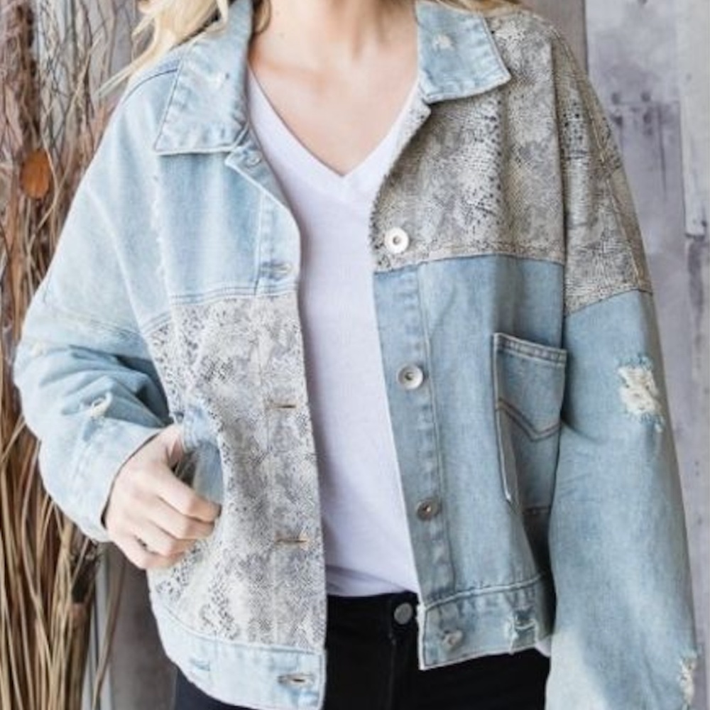 Snakeskin Patched Denim Jean Jacket